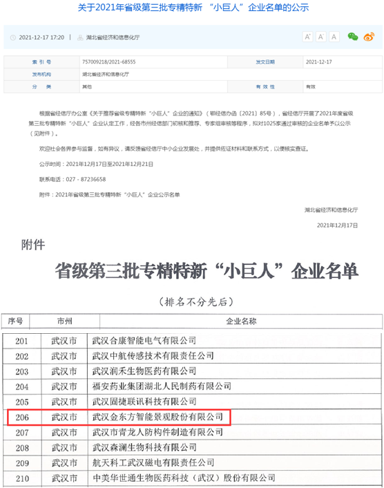 金東方榮獲湖北省專精特新“小巨人”企業稱號
